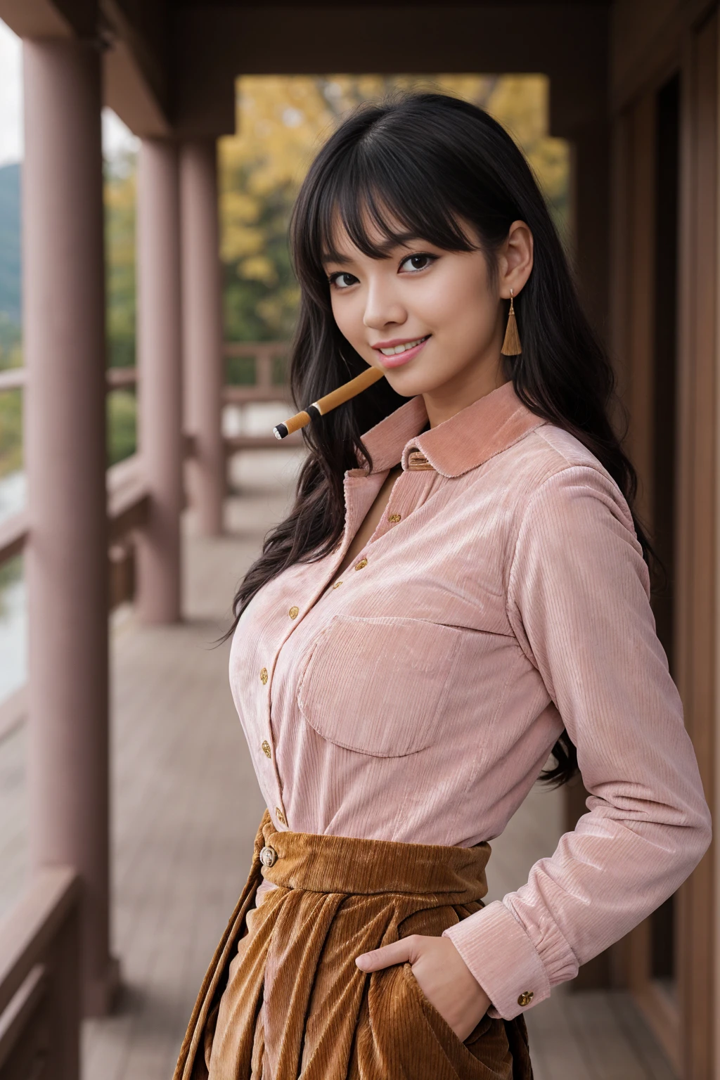 Half-length glamour portrait, nikon D850, f1.6 lens, 200mm, DSLR, 22 Megapixels, (((Elegant veranda scene))), shot of a stunning 19 years old korean girl, (smile:1.4), (wearing Pale pink corduroy shirt with light brown pleated cigarette trousers:1.6), ((seductive pose)), hot girl, (((big natural breasts))), (((black fringe hair))), (small girl), symmetrical face, photorealistic, photography, (bright natural lighting), gorgeous, deep cleavage, (masterpiece), best quality, high resolution, extremely detailed, cinematic lighting, (((very narrow waist))), rich colors, hyper realistic, lifelike texture, ((jewelry)), (((She has beautiful hands and wears rings))), (bracelet), (necklace), (ankle chain), (nail polish) (earrings), Fuji Superia 200, 8k
