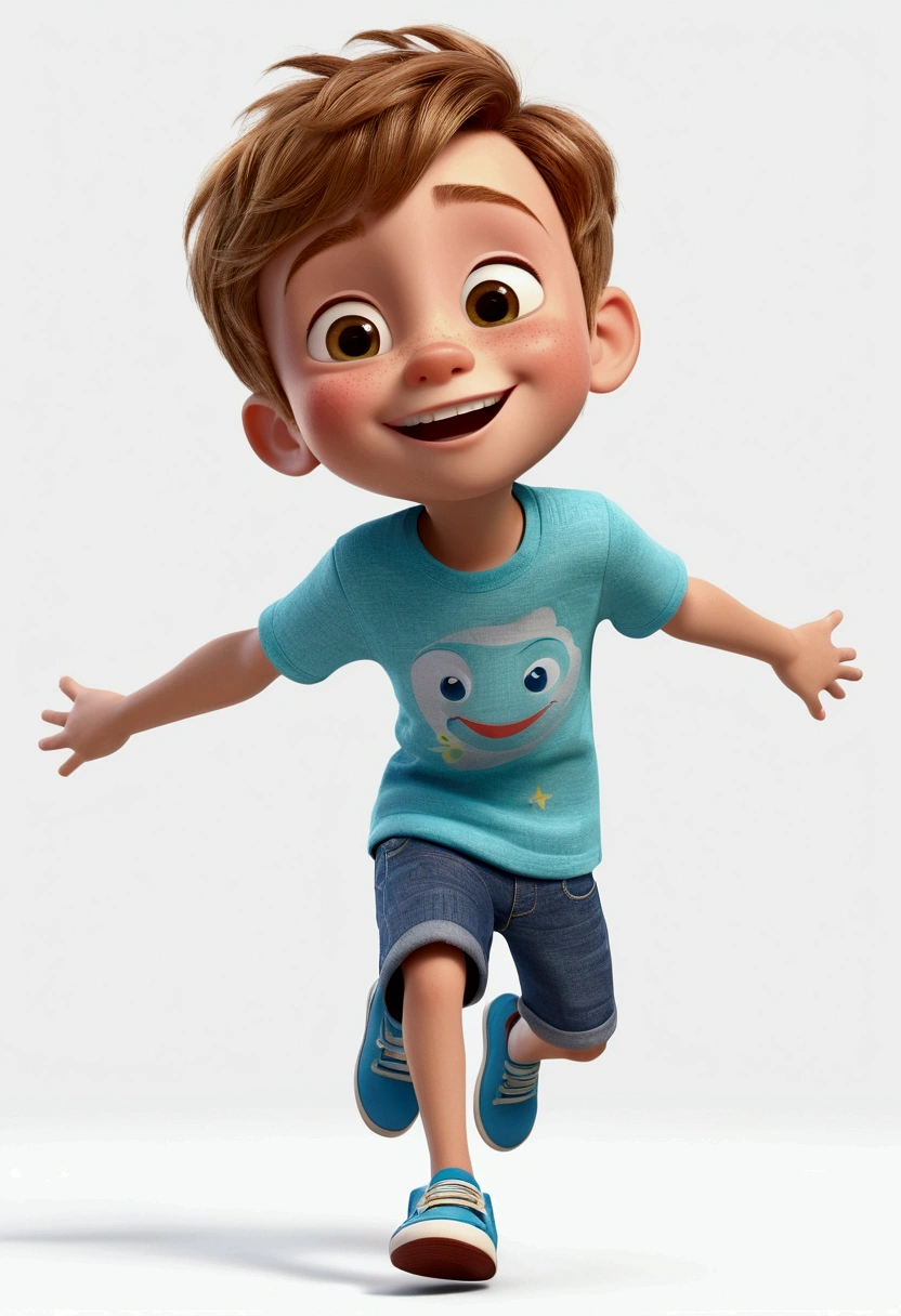 happy and cute boy with short hair, white background, Pixar style, ..3d, cartoon, detailed face, 16k asymmetrical boy, Disney Pixar style, simple, cute, , bright colors, short light brown hair, light skin , light blue short-sleeved shirt, denim shorts, intricate details, jumping, looking sideways and down, expression of happiness, smiling,