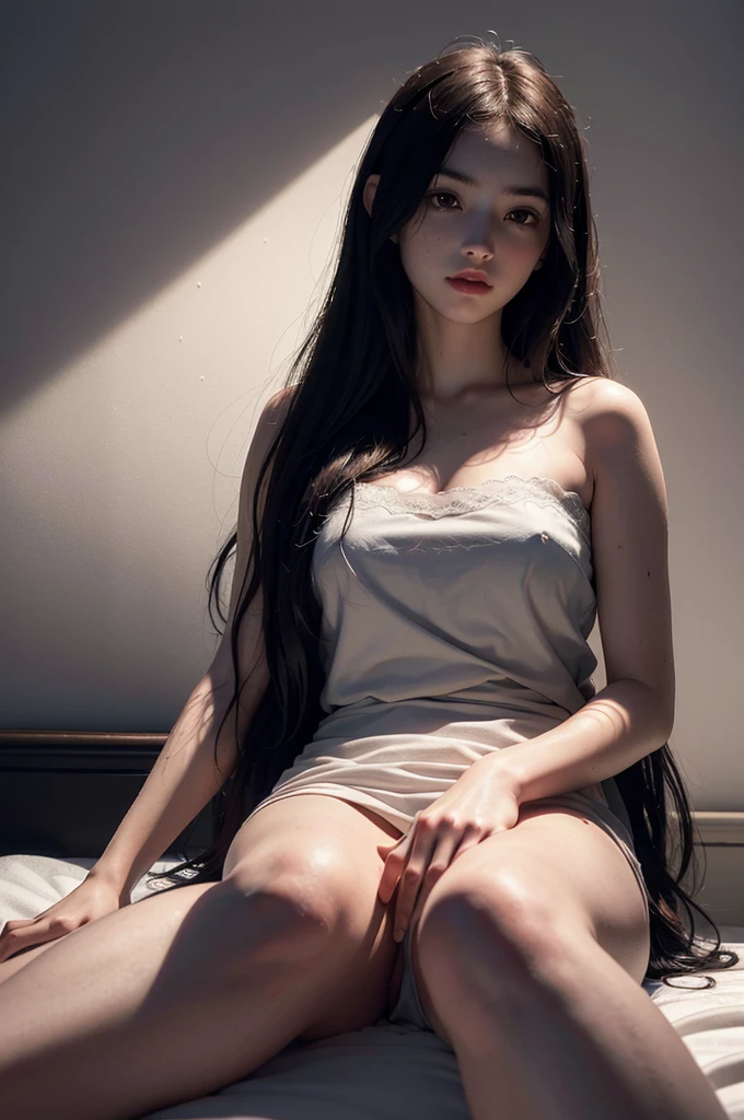 ((You may be one person to the world but you may also be the world to one person, paradox, Adrian Ghenie, jenny saville, edward hopper, dark art by James Jean, Takato Yamamoto)),(RAW photo, best quality), ((Nostalgia,1980s syle)),(A girl with a literary atmosphere:1.2),(realistic, photo-realistic:1.3), extremely delicate and beautiful, Amazing, finely detail, masterpiece, ultra-detailed, highres,best illustration, best shadow,intricate,depth of field,1girl,(long legs:1.4),long hair,messy hair,((((low key,dark scene,dimly lit)))),fat,(((soft lighting:1.4))),(pale skin:1.4),(shy smile),(cinematic angle),sharp focus, volumetric fog, 8k UHD, DSLR, high quality,( film grain:1.4), Fujifilm XT3,(looking at viewer)