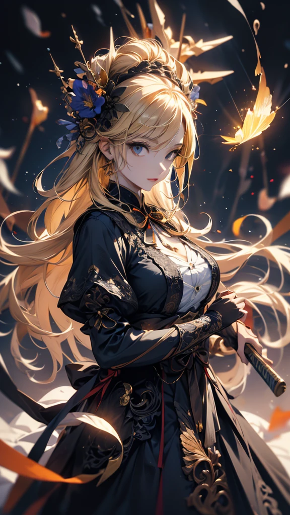 masterpiece, high quality, 4K, Beautiful design, silhouette,blonde, 非常に詳細な夜のStarry Sky,Flower Field, wonderful, Finer details, Very knowledgeable woman, Highly detailed solo, 1 female,Big Breasts,Gothic Lolita Fashion,Hold the fan in front of your chest.,Night view,Starry Sky,full moon,