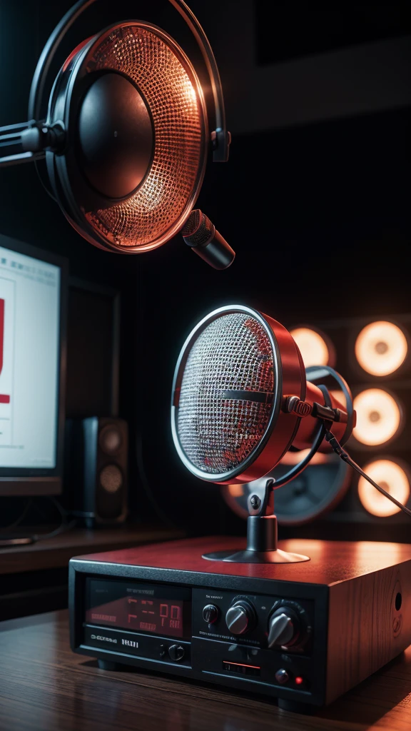 podcast with red microphone on table and television