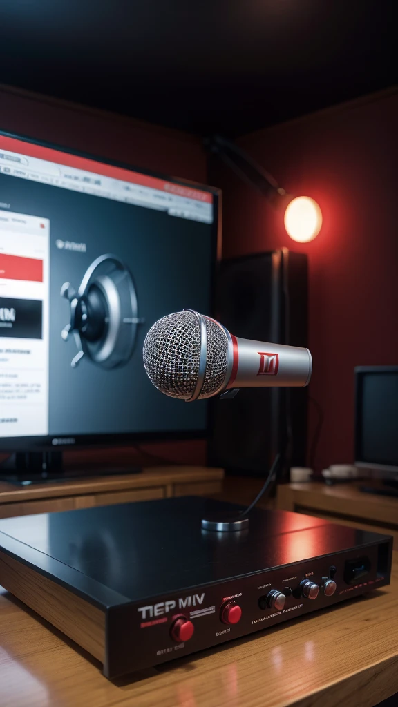 podcast with red microphone on table and television