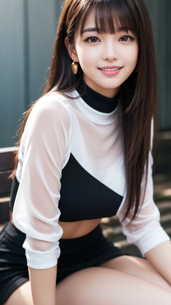 No sleeve, White sheer turtleneck shirt、Tight skirt with lots of debris:1.3)). 40k, photograph, masterpiece, Highest quality, Dark Gray Background, ((beautiful girl)), ((E Cup)), perfectionな顔, perfection , ((E Cup)), ((smile、1 girl with brown eyes and beautiful light black hair)). Beautiful Japanese Women，Very white skin, . Highly detailed face, fine grain, Embarrassing, smile, summer, Daytime, whole body, (Golden ratio face、plump lower lip、Pink Lips:1.4)、fine grain、Detailed nose、Fine ears、Wet and glossy lip detail、,(CG Unity 8k high resolution wallpaper), Complex, Attention to detail, Sharp focus, dramatic, beautiful girl, (Brown Hair、Blunt bangs, long hair、Beautiful legs
