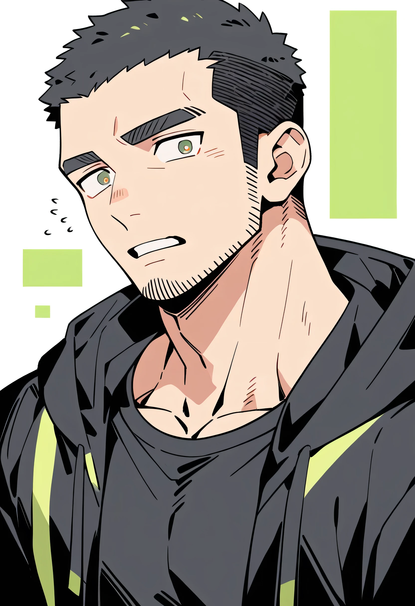 anime characters:Priapus, Muscle Sports Student, Buzz Cut, Manliness, male focus, Sports tight hooded sweatshirt, Very tight, full and perky chest muscles, muscular male, muscular, only, Upper body, alone, Black short hair, Thick eyebrows, stubble, Brown-red pupils, White background, simple background, amazing quality, best aesthetics, Ridiculous, crew cut, parted lips, flustered, endured face, negative space, best quality