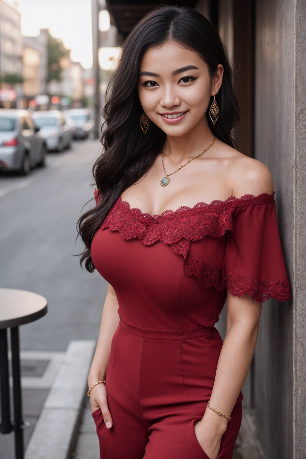 Half-length glamour portrait, nikon D850, f1.6 lens, 200mm, DSLR, 22 Megapixels, (((Neighborhood café scene))), shot of a stunning 19 years old korean girl, (smile:1.4), (wearing Dark red Off-the-shoulder jumpsuit with lace details:1.6), ((seductive pose)), hot girl, (((big natural breasts))), (((black fringe hair))), (small girl), symmetrical face, photorealistic, photography, (bright natural lighting), gorgeous, deep cleavage, (masterpiece), best quality, high resolution, extremely detailed, cinematic lighting, (((very narrow waist))), rich colors, hyper realistic, lifelike texture, ((jewelry)), (((She has beautiful hands and wears rings))), (bracelet), (necklace), (ankle chain), (nail polish) (earrings), Fuji Superia 200, 8k