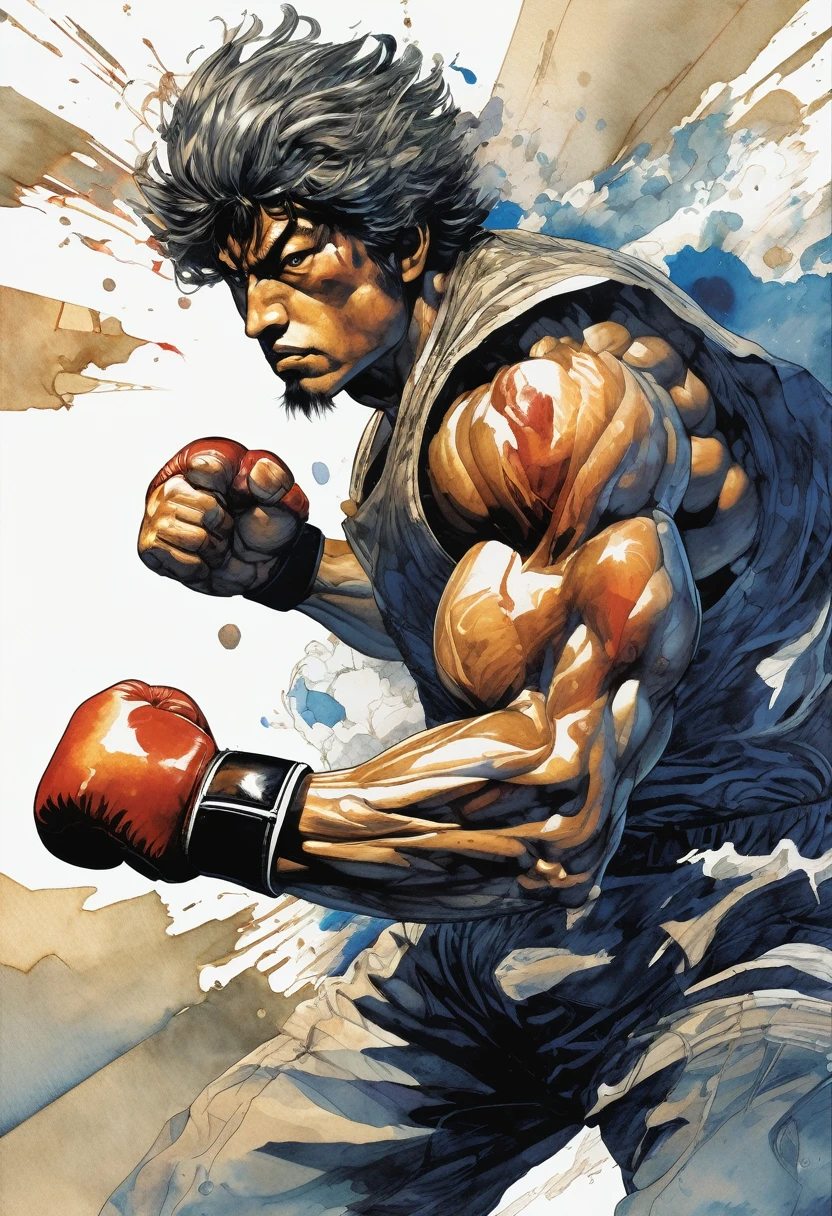 artwork:Katsuya Terada 、Right arm extended, fist pointed towards the viewer、hit a straight right in boxing、Right straight、Generates plasma in the fist、Shiden、roar、Waist-wounded outfit、Light and shadow background、High contrast、 (Vector art:1.4), Watercolor、diego gisbert lawrence、Joe San Gonzalez Dan Mumford、Picture book illustrations、vague、superwide shot、Highest quality、Intensive、Golden ratio composition、