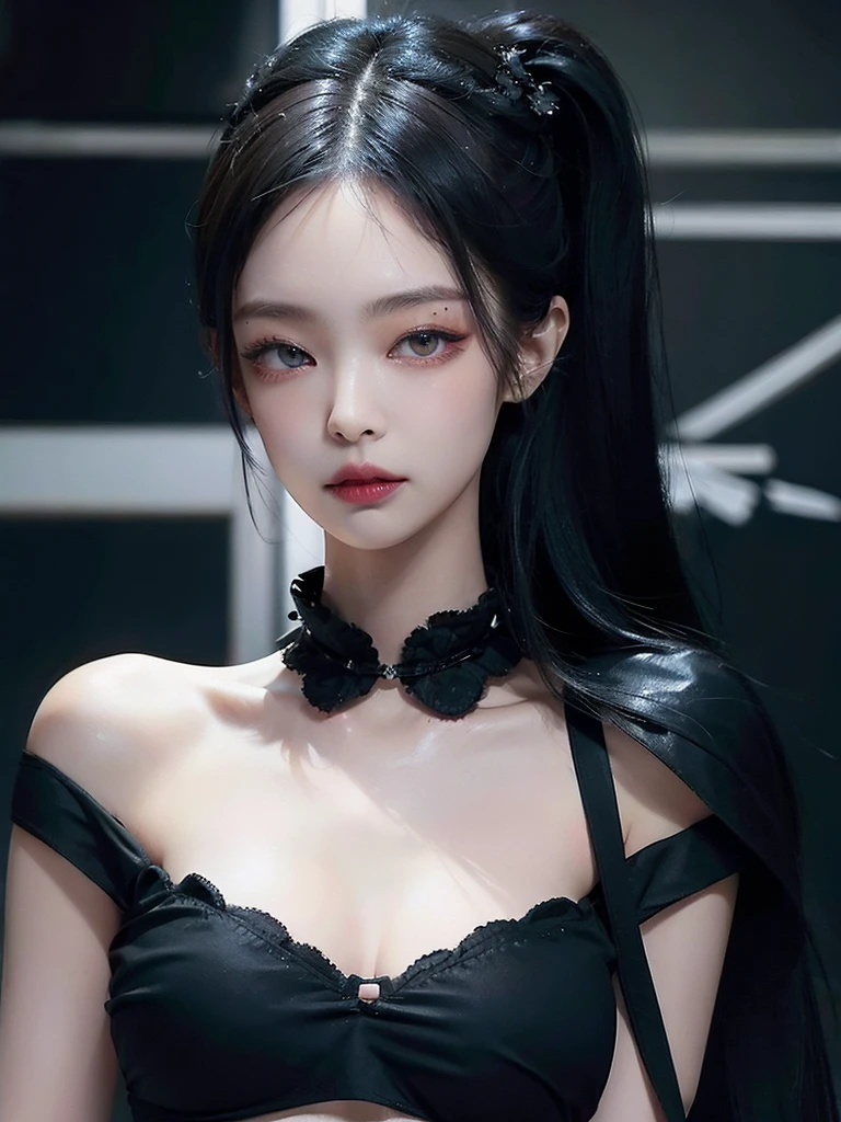 ((top quality, 8 thousand, masterpiece:1.3)) Korean woman, disorderly,receive the light,(black ponytail), dark eyeshadow, black lipstick, Gothic makeup, (Smudged makeup: 1.3), beautiful and delicate hair,delicate red pupils, (huge tits: 1.7) , In a dark cave, Red tattoo, very pale skin, Smudged makeup, indifferent expression, red circle lenses, goth style clothes, monochrome, (smeared eye line: 1.6)