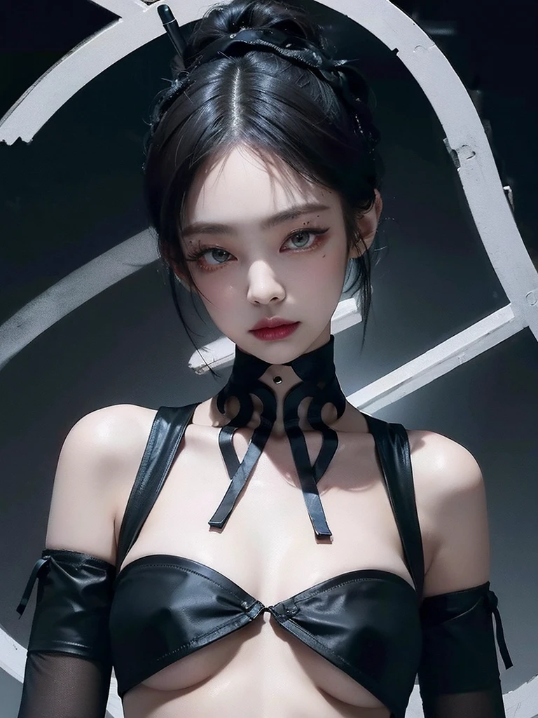 best quality, intricate details, chromatic aberration, 1girl, long hair, black hair, messy hair, red highlights, hair over one eye, red eyes, sharp eyes, choker,, , armbinder, arms behind back, bound arms,  