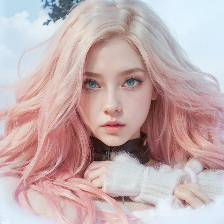 young woman, long pink hair, wide forehead, porcelain skin, pink eyebrows, big emerald green eyes, buttoned nose, thick lips, heart-shaped face, slender body, small breasts, pink leather dress, Sakura Haruno, realistic, realism black details 3d