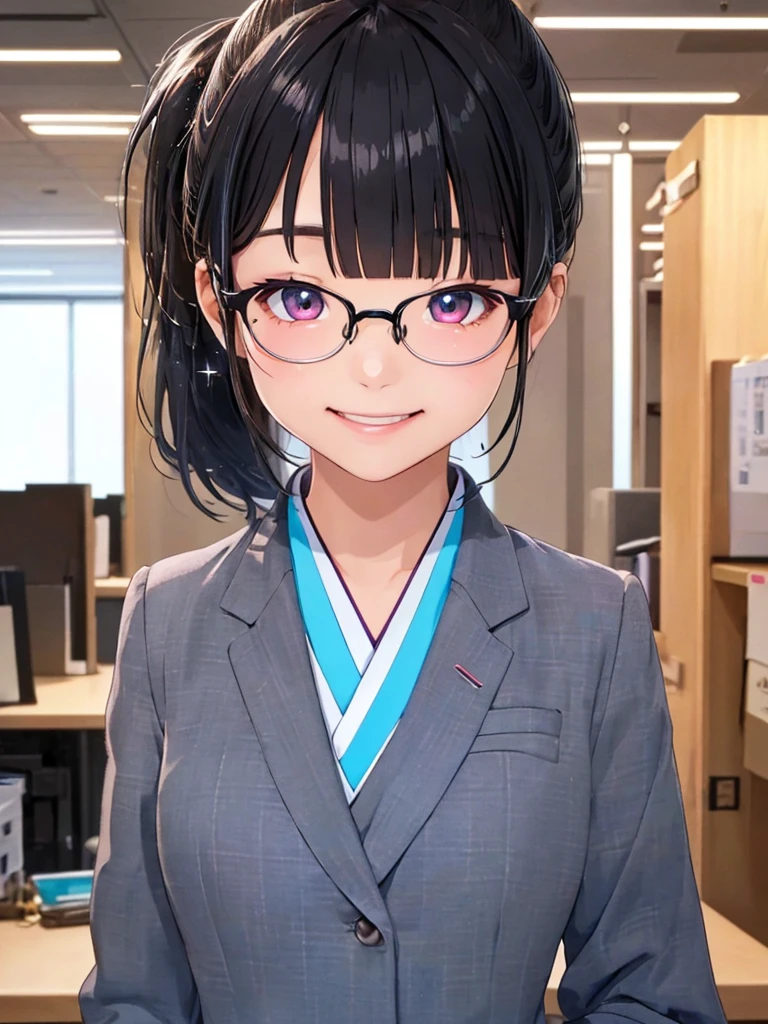 (((Smile)))、One Face、 (((A very cute face like a top Japanese idol)))、glowing eye、(((face focus)))、A 17-year-old girl, (((Low Ponytail ))), Composition from the front、(((Black Hair)))、(((looking at the camera)))、(((suit)))、(((blunt bangs)))、(((Stylish glasses)))、((Highest quality)), ((masterpiece)),(detailed),High resolution,Sharp focus,Perfect Face,{Best illustrations}, (非常にdetailed CG unity 8k wallpaper),(((Vibrant colors))),Official Art, shiny 肌,very shiny 肌,Shiny body,plastic glitter 肌,exaggerated shiny 肌,Glowing Skin, ((detailedなボディ)),((detailedな顔))、(((office)))、
