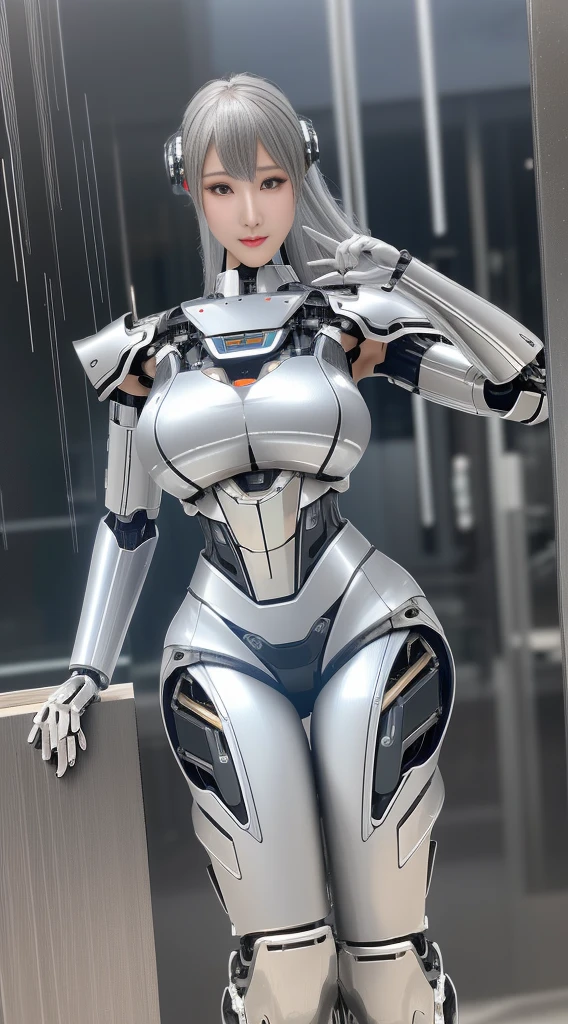 Super Detail, High Detail, high quality, best quality, High resolution，1 female robot，Beautiful female robot,beautiful clear face(Rain waves_haneame：1.5), famous pose，Mechanical body(Heavy armor，Mechanical seams of skin，beautiful body curves)，High-tech mechanical armor(silver，black，Highlight breast contour)