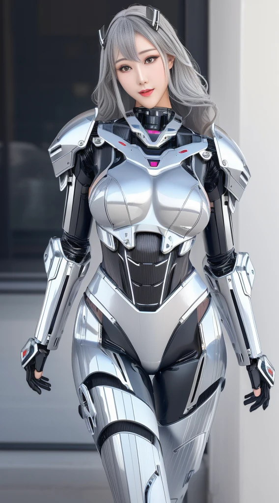 Super Detail, High Detail, high quality, best quality, High resolution，1 female robot，Beautiful female robot,beautiful clear face(Rain waves_haneame：1.5), famous pose，Mechanical body(Heavy armor，Mechanical seams of skin，beautiful body curves)，High-tech mechanical armor(silver，black，Highlight breast contour)