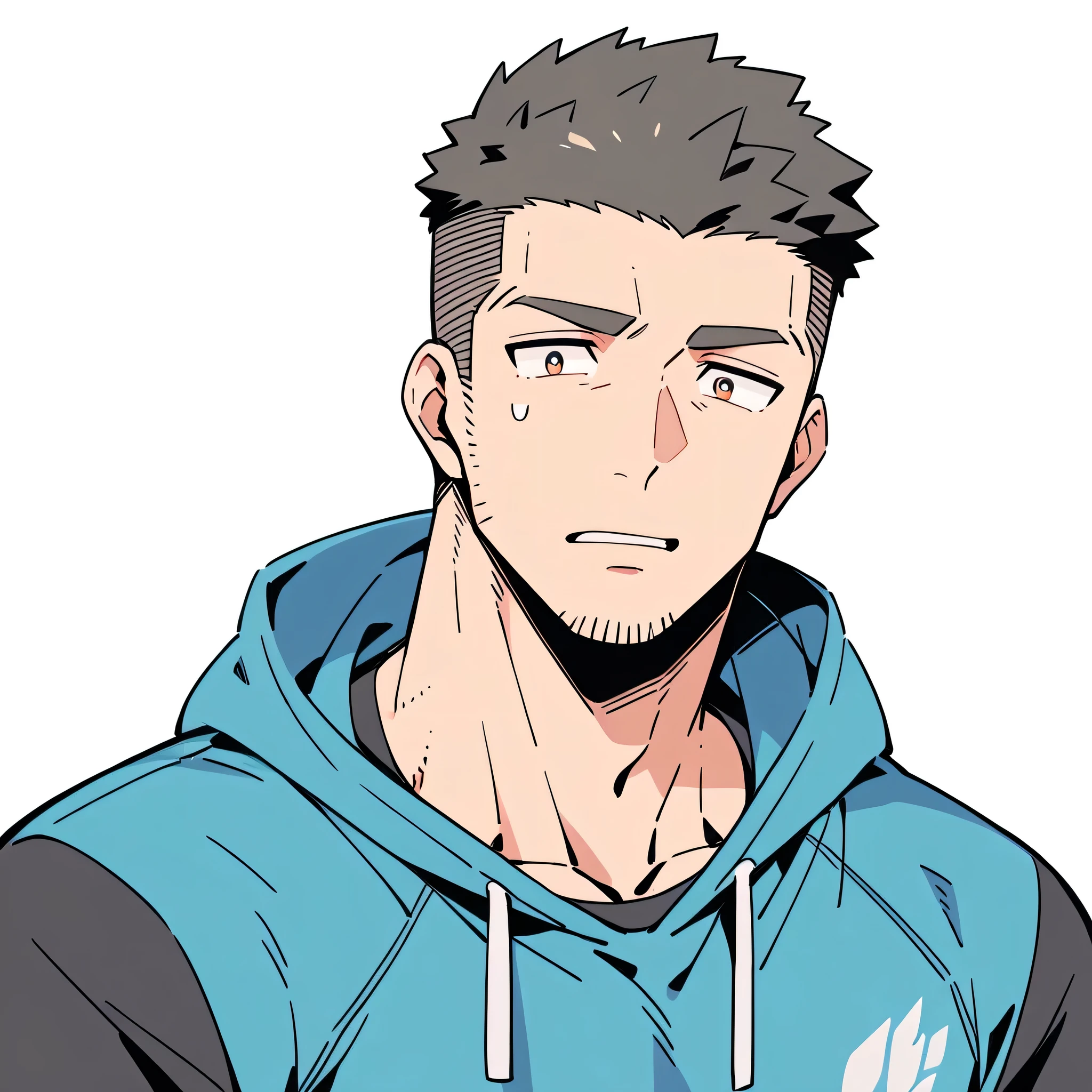 anime characters:Priapus, Muscle Sports Student, Manliness, male focus, Sports tight hooded sweatshirt, Very tight, full and perky chest muscles, muscular male, muscular, only, Upper body, alone, Black short hair, Thick eyebrows, stubble, Brown-red pupils, White background, simple background, amazing quality, best aesthetics, Ridiculous, crew cut, parted lips, flustered, endured face, negative space, best quality