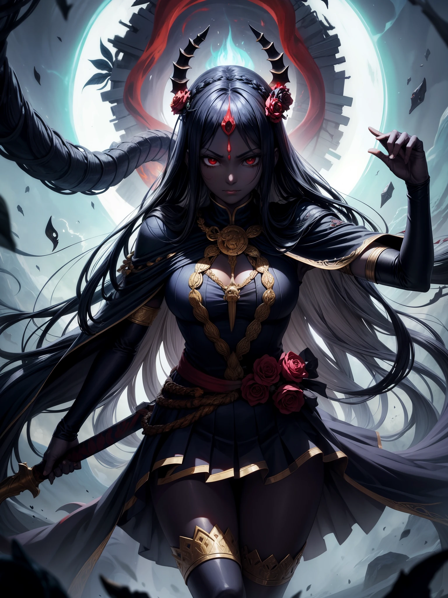 
Dark Skin、Four Arms、Terrifyingly、irascible、Kali-like gods、Bloody、Wielding a sword、dance、Destructive、Terrifyingly、Wild、Wild、Powerful、Wearing a wreath of skulls decorated with snakes、Wearing a skirt made from human hands、There is a third eye on the forehead、Long flowing hair、Protruding Tongue、Standing on the defeated enemy、Surrounded by flames、Protective、Merciful、Be considerate and、Maternal、Mysterious and、Sacred and、Cosmic、Omniscient、