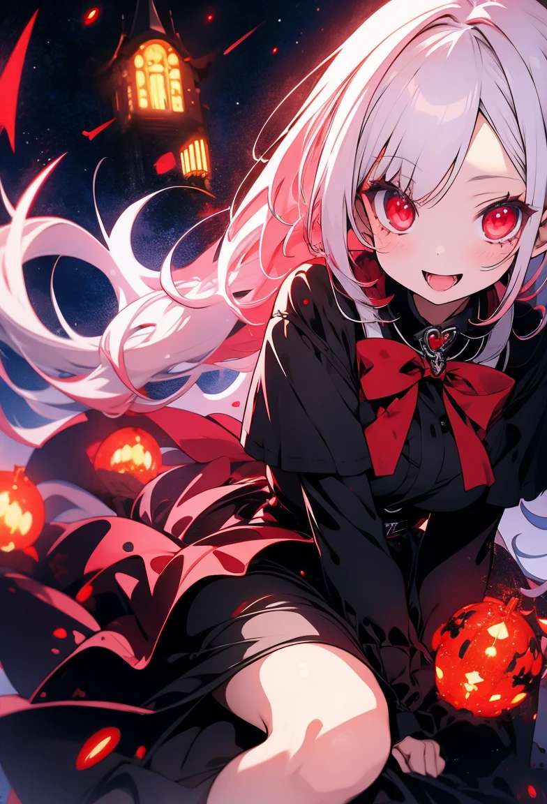 Cute, girly character, big red eyes, shine lights, white hair, scary face, vampire, black long dress, black heels, dark gothic castle,
