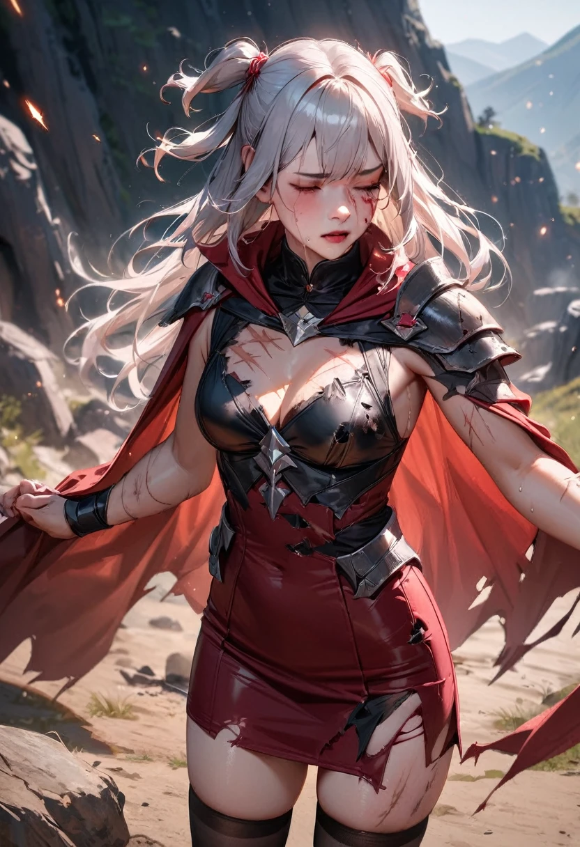 (best quality), (masterpiece), high res, all detailed, perfect ???????, realistic, (two side up), long hair, silver hair, (red pencil Dress, single shoulders armor with Cape, pencil miniskirt), medium cleavage, [black thigh-highs], [white panties], (injury skin, scar skin, bleeding skin, torn clothes:1.1), Broken Armor, BREAK NSFW, solo, 1girl, lying, on side, leaning back, (closed eyes, cry, tears), sigh, blush, sweat, (outdoors, Cave), sparks, shockwave, stone Debris, cinematic lighting, diffraction spikes, zettai ryouiki, three quarter view