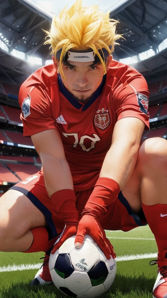 character kneeling on a soccer ball in a stadium,