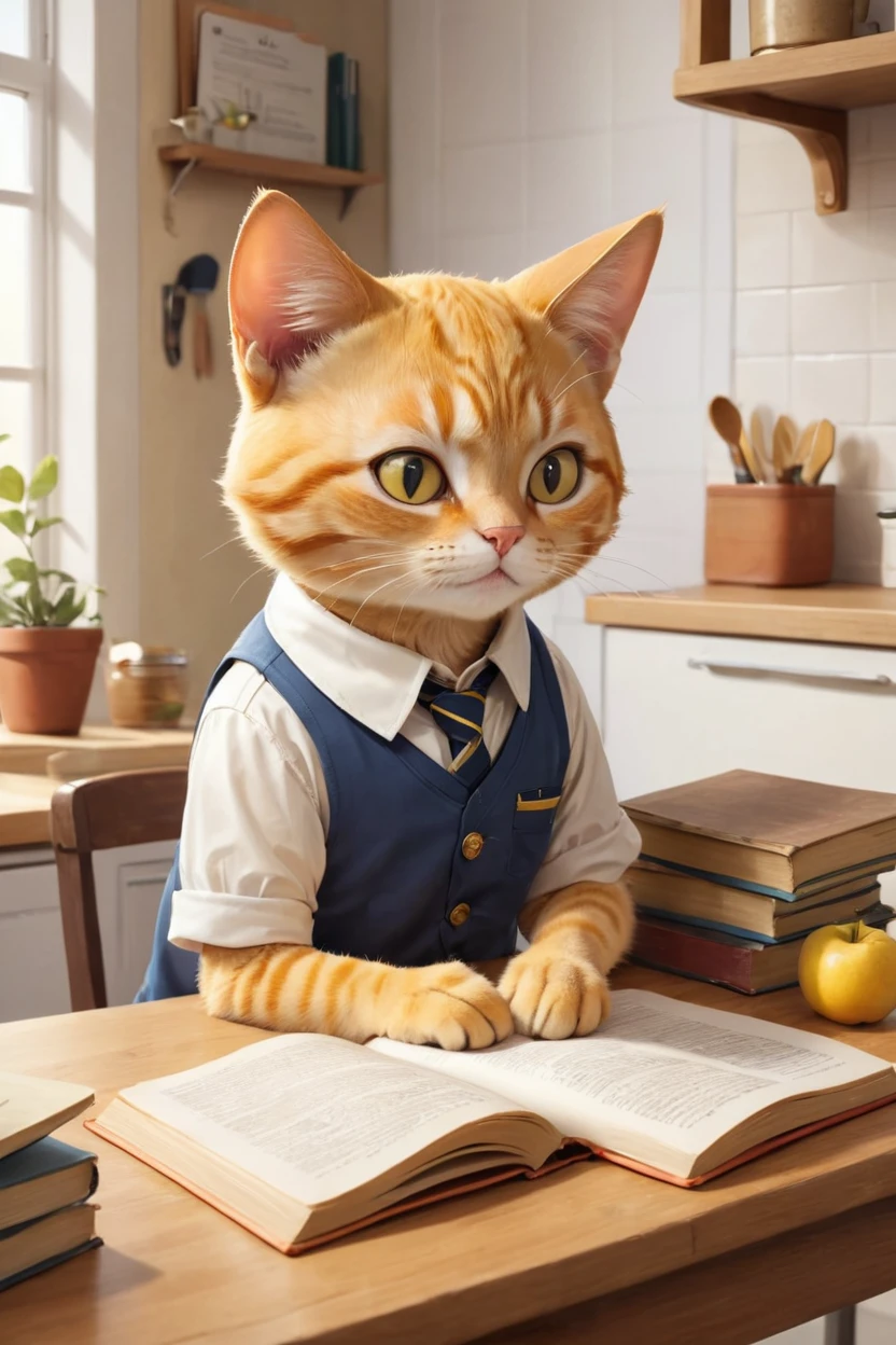 young anthropomorphic yellow cat in school clothes, sitting at the kitchen table, studying in front of a book