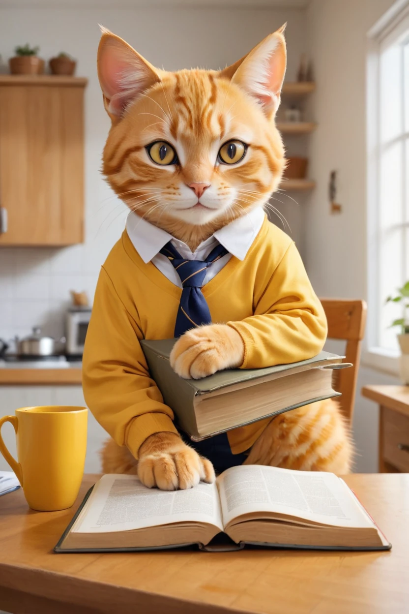 young anthropomorphic yellow cat in school clothes, sitting at the kitchen table, studying in front of a book