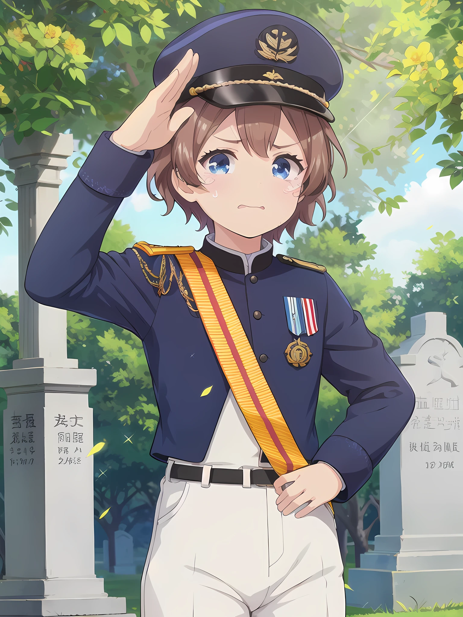 Highest quality,masterpiece,************,serious,(Close your mouth),blue eyes,Outdoor,Grave,Graveの前,Are standing,Lens flare,Flower storm,Upper Body, 顔 focus,Brown Hair, short hair, Navy uniform,, (Raise one hand,45 degree salute),Medal on chest,Navy uniform cap,tears ,