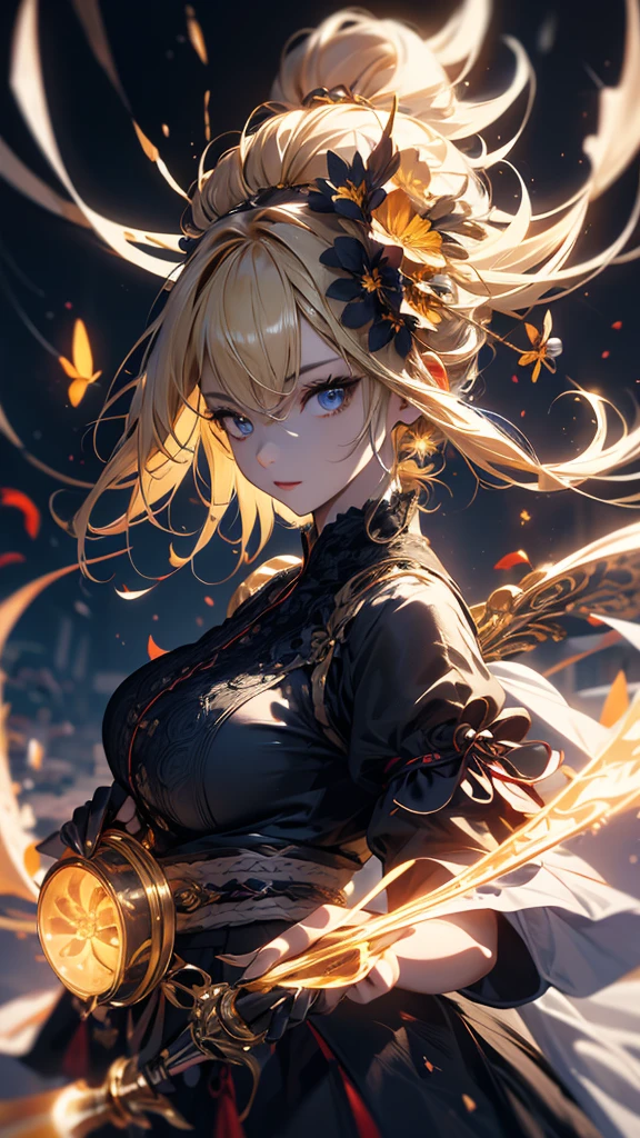 masterpiece, high quality, 4K, Beautiful design, silhouette,blonde, 非常に詳細な夜のStarry Sky,Flower Field, wonderful, Finer details, Very knowledgeable woman, Highly detailed solo, 1 female,Big Breasts,Gothic ta Fashion,Hold the fan in front of your chest.,Night view,Starry Sky,full moon,