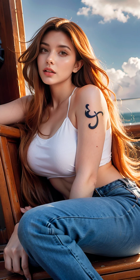 photorealistic, high resolution, soft light,1women, solo, hips up, (detailed face), nami \(one piece\), tattoo, jewelry,long silky orange hair, high nose, sharp eyes, noble and inviolable temperament, (([female]: 1.2 + [beauty]: 1.2 + orange long hair: 1.2)), pirate ship background, (one piece), blue sky, bracelets, bubbles, clouds, denim, pants, shoulder tatto, bright eyes, dynamic angle and posture