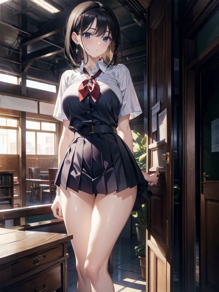 absurdres, RAW photo, extremely delicate and beautiful, masterpiece, Best Quality, ultra high resolution, 32k, hyperrealistic, ultra-detailed, perfect , super Detailed skin, Super Beauty, perfect figure, Perfect Style, Perfect balance, in her 20s, very small head, very small face, delicate facial features, tearful mole, earring, very ,  legs, full body shot, medium hair, black hair, school_uniform,