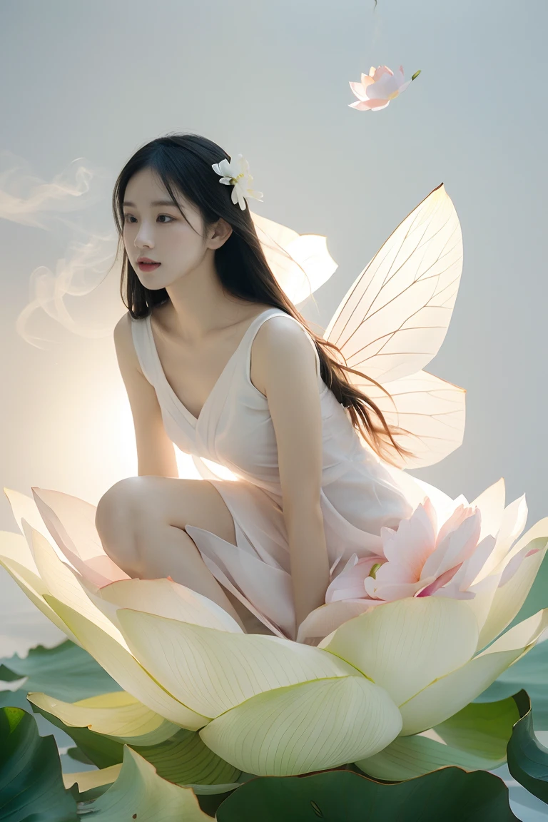 light pink and light white shades,Full body female love,  White background, natural lighting, Light effect, minimalist, elegant, pure tenderness, soft light lighting, realistically. a woman is (clavicle, bshoulder,) placed in a (pray and stand) super giant lotus，The petals are big and long (The petals are thin, soft gauze, Full background of flowing petals, floating petals, super flying petals, Mixed effect of smoke and petals), lotus dress,((perspective)).lotus_leaf_fairy，anatomically correct，((Best quality)), ((Masterpiece)), ((Realistic))