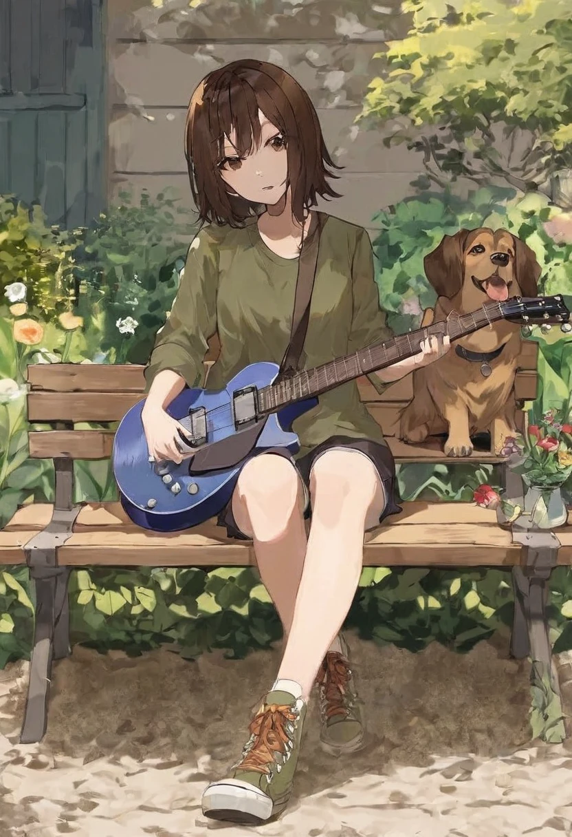 Woman.Brown hair and hazel eyes.She wears an olive shirt.and shorts.
She plays the guitar in the garden.She is sitting on a bench with a brown dog next to her.