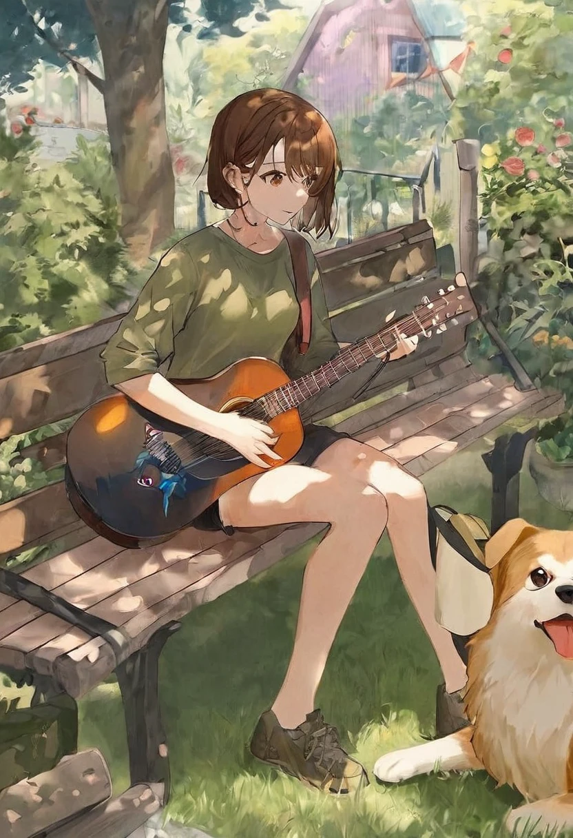Woman.Brown hair and hazel eyes.She wears an olive shirt.and shorts.
She plays the guitar in the garden.She is sitting on a bench with a brown dog next to her.