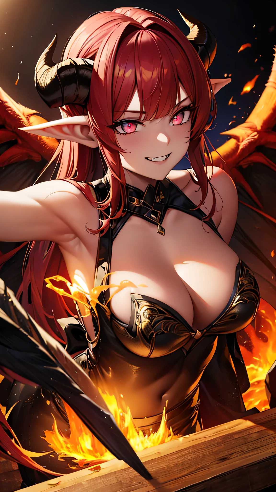 (masterpiece, best quality, absurdres), high quality, highres, ultra detailed, intricate, depth of field, cinematic lighting, soft lighting, yellow light, night, close-up, looking at viewer, beautiful woman, 1girl, dragon girl, medium breasts, red hair, ponytail , detailed pink eyes, ((predator pupils, glowing eyes)),(black horns, horns towards bangs, bangs), wings, ((evil smile, fangs, smirk)), fantasy, realistic fire in background, surrounded by fire, embers, molten rock, elf ears