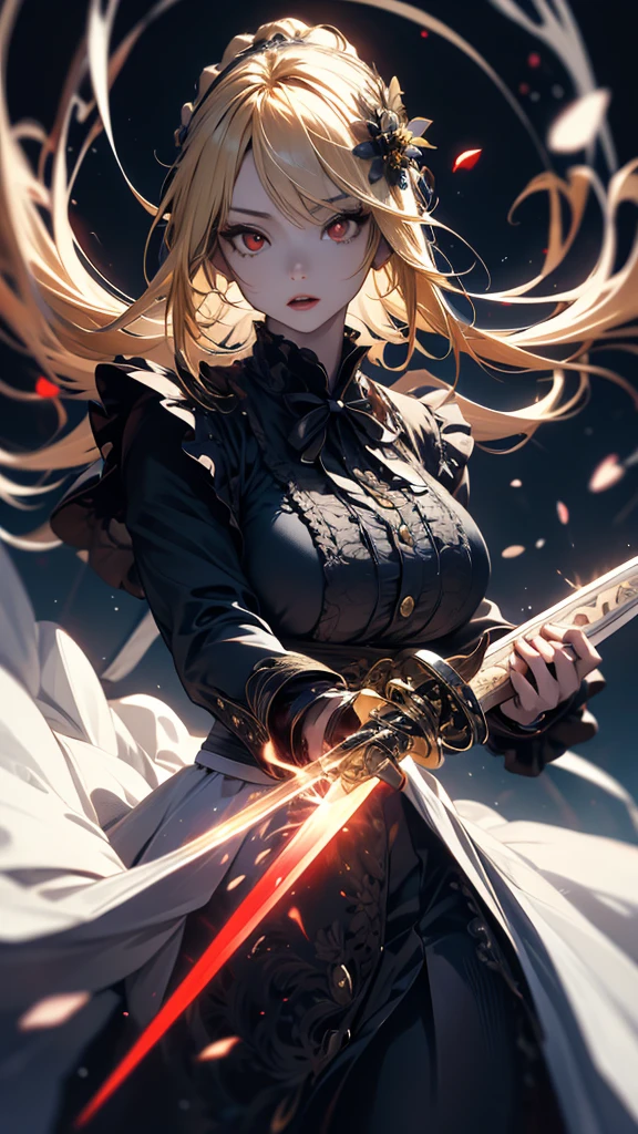masterpiece, high quality, 4K, Beautiful design, silhouette,blonde, 非常に詳細な夜のStarry Sky,Flower Field, wonderful, Finer details, Very knowledgeable woman, Highly detailed solo, 1 female,Red eyes,Big Breasts,Gothic Lolita Fashion,Twin Swords,Night view,Starry Sky,full moon,