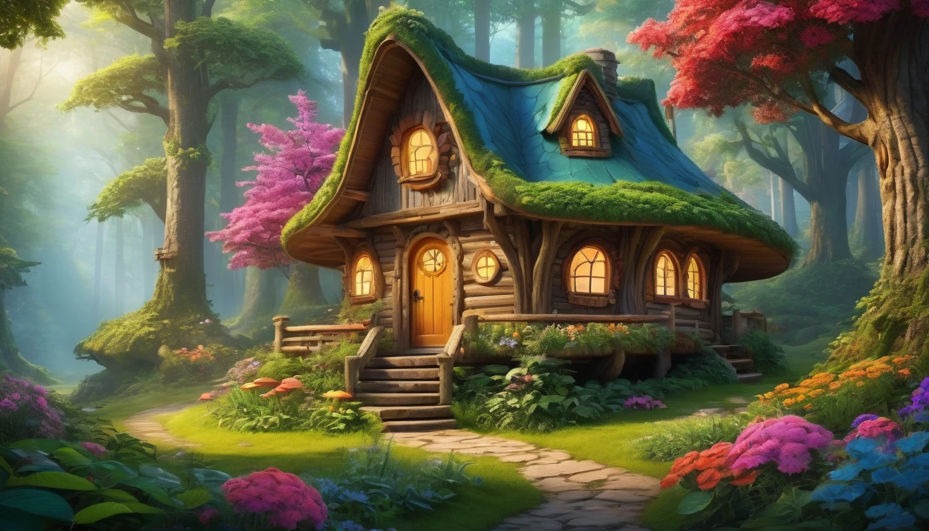 (Mysterious fantasy forest, Dense trees, A strange and cute little tree:1.5), Cabin in the middle of the forest, Vividly depicted in the work (Best quality, 8K, Advanced resolution, Masterpiece:1.2), With ultra-detailed detail (1.4x realism, Photorealistic:1.37). This dream forest is made up of bright colors, bathed in the warm glow of the sun, creating a cheerful and whimsical atmosphere. The cabin is designed with great attention to detail, with a complex design and unique architecture, similar to a mushroom-shaped house. (This fantastic forest is surrounded by lush greenery and colorful flowers), elevating a captivating and magical environment. The artwork showcases an illustrative style, inspired by children's book illustrations, ensuring a glamorous and nostalgic touch. The color palette consists of bright rainbow colors, seven colors, evoking feelings of joy and playfulness. Lighting accentuates the picturesque scene, with soft and warm shadows adding depth and warmth to the artwork. Every detail is impeccably presented, creating a visually stunning masterpiece, capturing the essence of the fantasy forest.