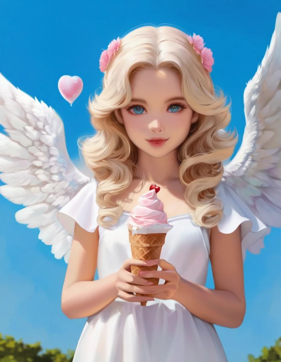 blond angel woman with ice cream cone in hands, of a beautiful, Girl with angel wings, of Beautiful Angel,Angelic purity, portrait of a beautiful angel, Beautiful digital art, Angel Al, Adorable digital painting