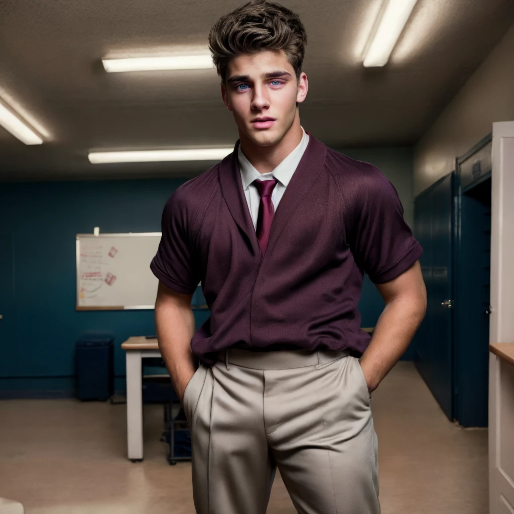 a handsome young man in a school uniform, purple eyes, dark hair, studying seriously, realistic, photorealistic, 8k, best quality, highly detailed, masterpiece, studio lighting, extremely detailed face and eyes, beautifully detailed eyes, intricate details, cinematic film quality, dynamic lighting, dramatic atmosphere, dramatic shadows