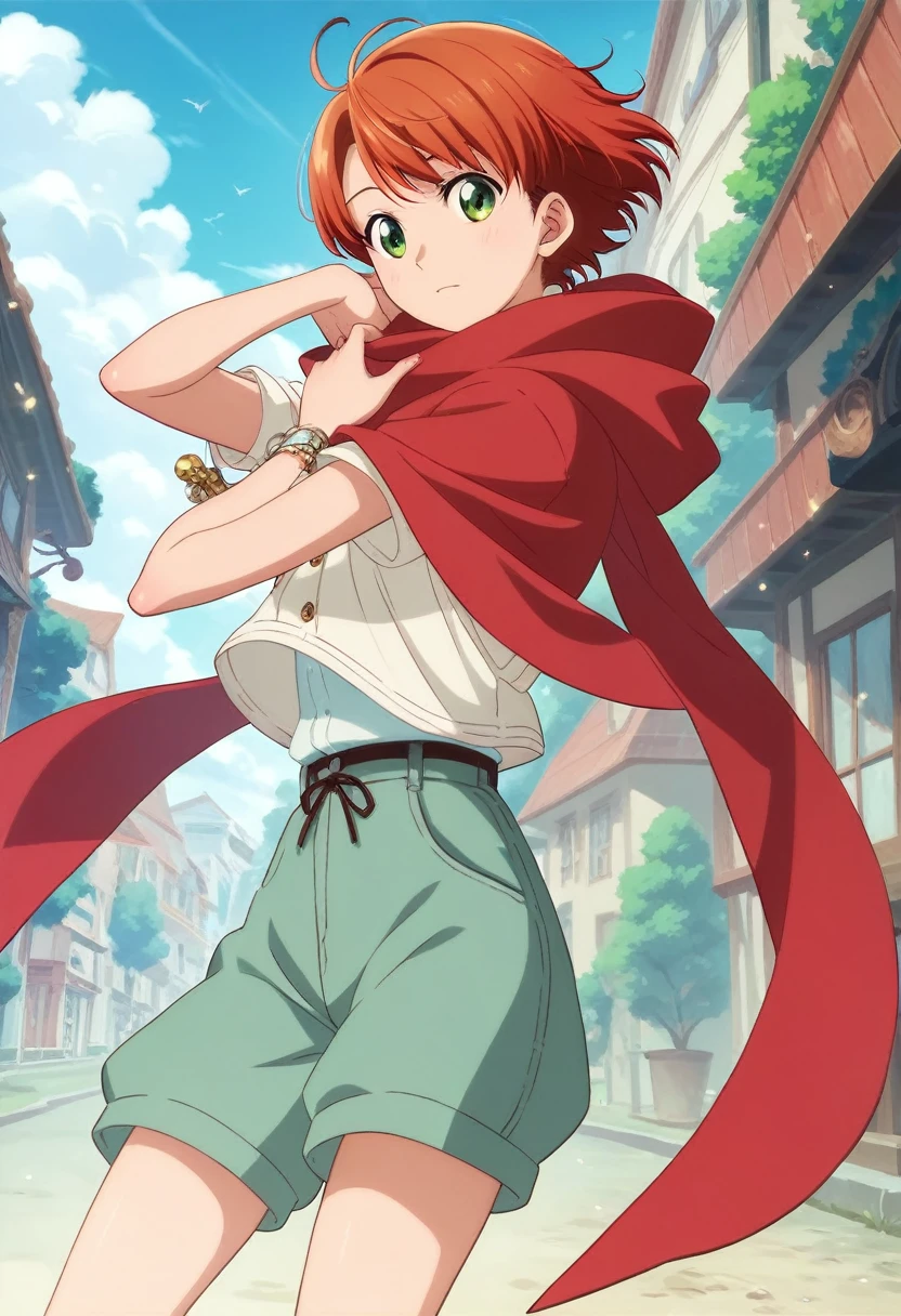 Masterpiece, best quality,Rin Hoshizora, red scarf , Akihiko Yoshida artstyle, red hair, green eyes, style in ghibli anime, Suspender trousers,official art