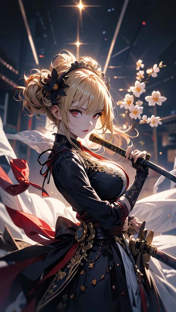 masterpiece, high quality, 4K, Beautiful design, silhouette，blonde， 非常に詳細な夜のStarry Sky,Flower Field， wonderful, Finer details,  Very knowledgeable woman, Highly detailed solo, 1 female,Red eyes，Big Breasts，Gothic Lolita Fashion，Twin Swords，Night view，Starry Sky，full moon，