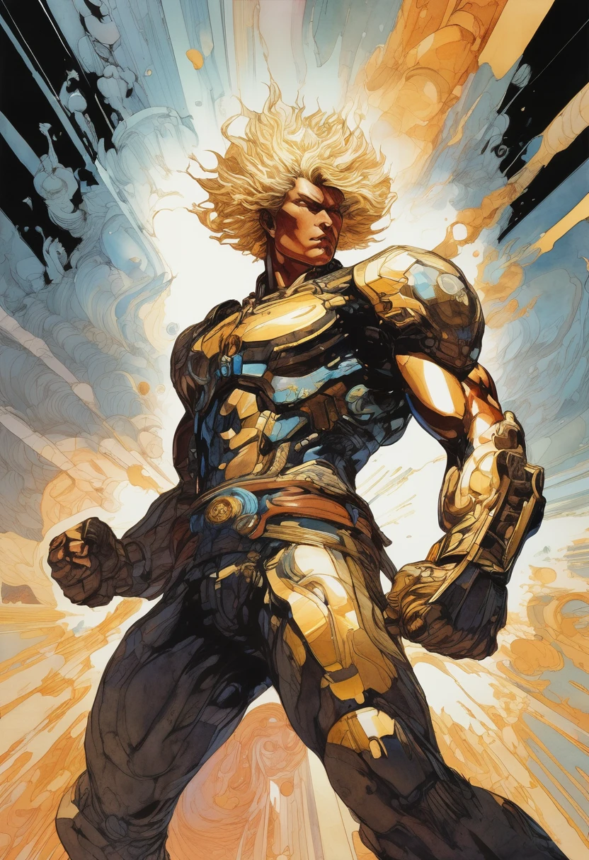 artwork:Katsuya Terada 、Right arm extended, fist pointed towards the viewer、Hit the right straight、Right straight、Generates plasma in the fist、Shiden、roar、Waist-wounded outfit、Light and shadow background、High contrast、 (Vector art:1.4), Watercolor、diego gisbert lawrence、Joe San Gonzalez Dan Mumford、Picture book illustrations、vague、superwide shot、Highest quality、Intensive、Golden ratio composition、