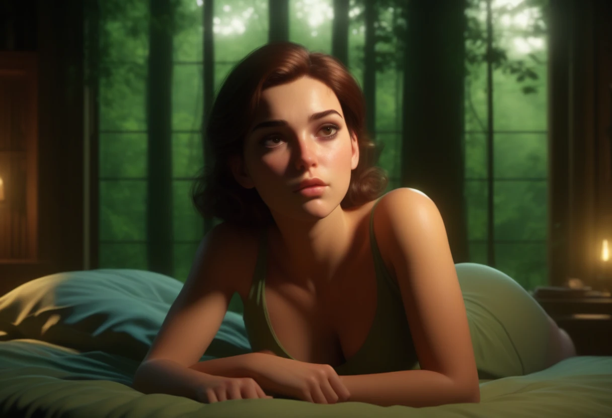 3D animation by Adam Hughes。Beautiful young woman with sleepy smoky eyes。 ,  
comfortable, Lying in a room with a view of the green forest , Dim Light, Rim Light, Dark Shadows, Dramatic lighting,