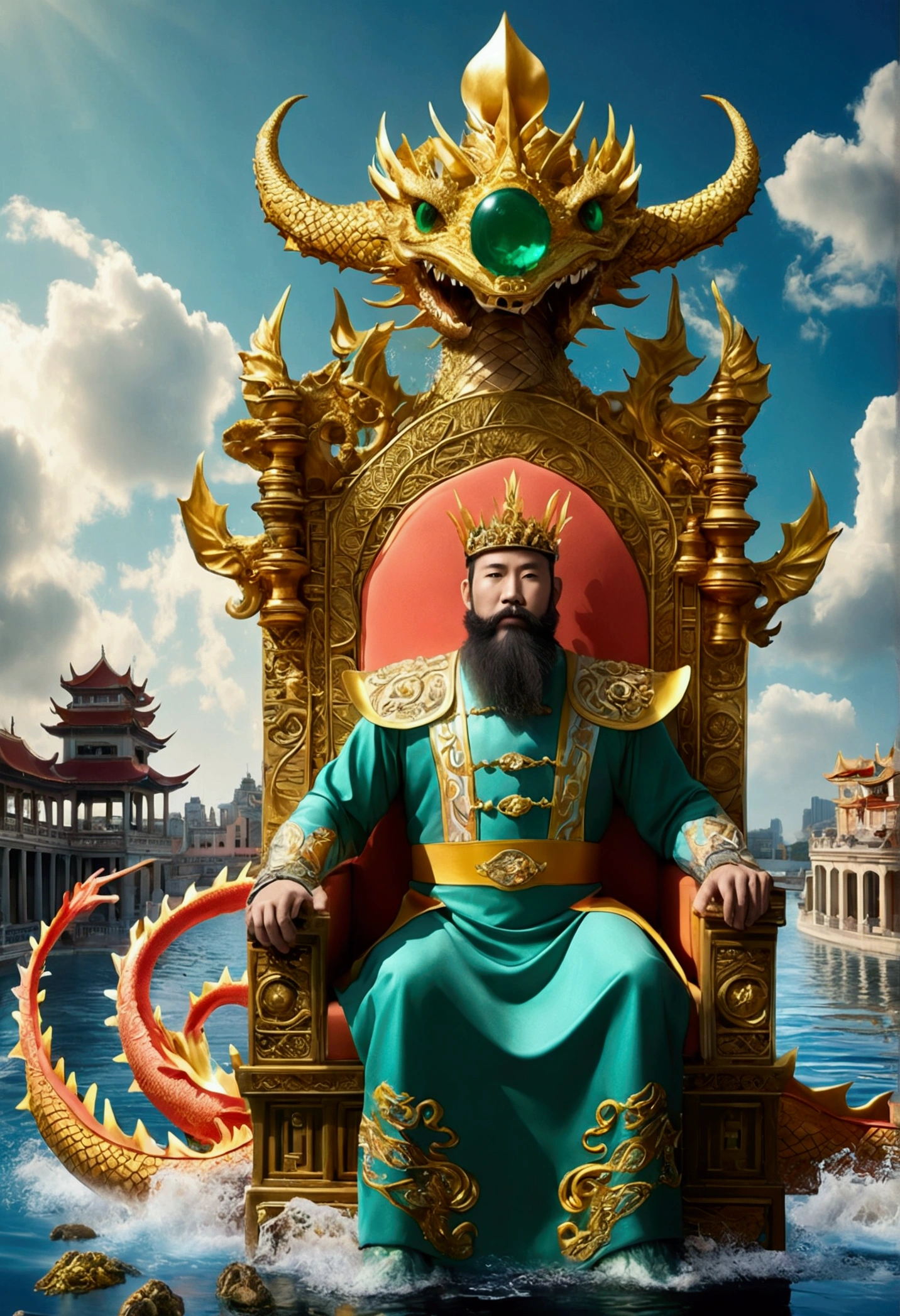 1. Chinese mythology, Tokai Dragon King, Majestic, Powerful, (Ancient Gods々:1.3), (Serpentine:1.2), (Beardと口Beard:0.8), (Beard:0.9), (Huge size:1.5), scale, Vibrant colors, Sparkling Water, (Coral Reef:1.1), (Gold crown:1.2), (Dragon-shaped throne:1.4), (Roomy robes:1.1), (龍の形のBeard飾り:1.3), (Emerald Eyes:1.2), (Pearl Necklace:1.2), (Golden Trident:1.4), (Floating:1.1), (Sky with clouds:1.3), (Sparkling, dazzling lighting:1.2), (Crashing Waves:1.3), (A palace full of treasures:1.5), (School of colorful fish:1.2), (an underwater city:1.4), grow, Mythical, grow, Extensive and detailed, Stand apart, traditional chinese architecture.
