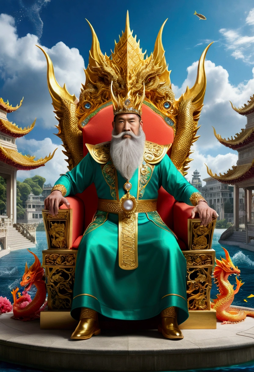 1. Chinese mythology, Tokai Dragon King, Majestic, Powerful, (Ancient Gods々:1.3), (Serpentine:1.2), (Beardと口Beard:0.8), (Beard:0.9), (Huge size:1.5), scale, Vibrant colors, Sparkling Water, (Coral Reef:1.1), (Gold crown:1.2), (Dragon-shaped throne:1.4), (Roomy robes:1.1), (龍の形のBeard飾り:1.3), (Emerald Eyes:1.2), (Pearl Necklace:1.2), (Golden Trident:1.4), (Floating:1.1), (Sky with clouds:1.3), (Sparkling, dazzling lighting:1.2), (Crashing Waves:1.3), (A palace full of treasures:1.5), (School of colorful fish:1.2), (an underwater city:1.4), grow, Mythical, grow, Extensive and detailed, Stand apart, traditional chinese architecture.