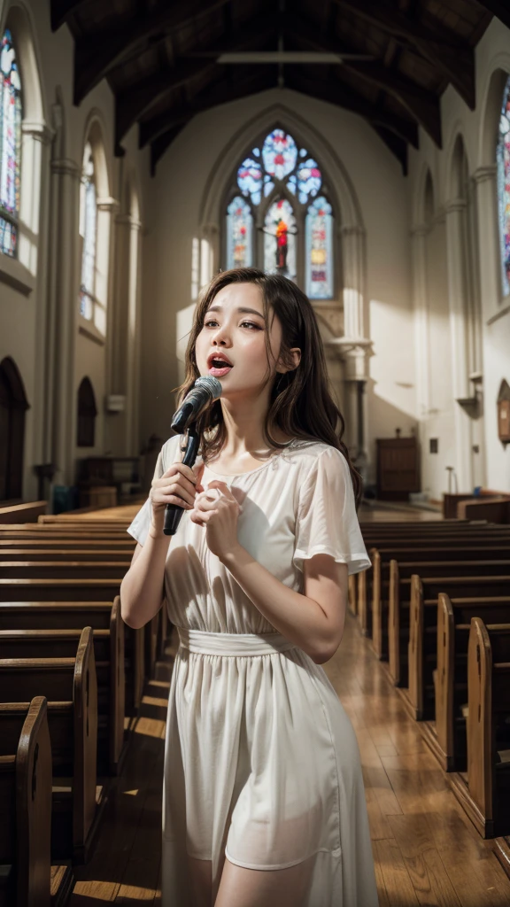 Evangelical church sister preaching sensually at the altar near the pulitor and holding a microphone (Church Style)