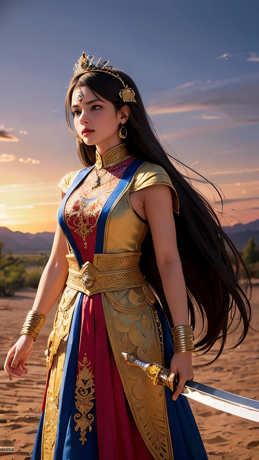((best quality)), ((masterpiece)), (detailed), A digital illustration of a queen in traditional Indian dress fighting off enemies in a desert landscape at night, with monsters in the background and a sword in her hand.