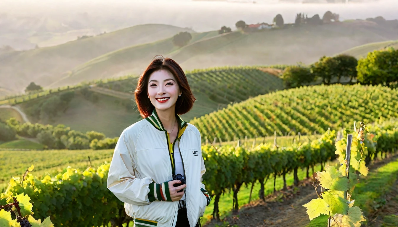 beautiful scenery, 8K Top Quality, Vivid picture quality, 1 woman, Beautiful 36-year-old Korean woman, Chest size 34 inches, Model-level beautiful woman, Napa Valley, California, USA, dawn vineyard, In the distance, a green plain can be seen in the thick fog.. Red sunshine, The background is realistic and vivid quality.., short medium bob hair, White t-shirt that goes up to the neck , High-end luxury brand windbreaker jacket, Black pants, Perfect and realistic photos, The background is realistic.. Full body shot with Canon camera 16-35 wide angle lens, Smiling, Looking down on the vineyards from the vineyard hill in thick fog, towards the front camera