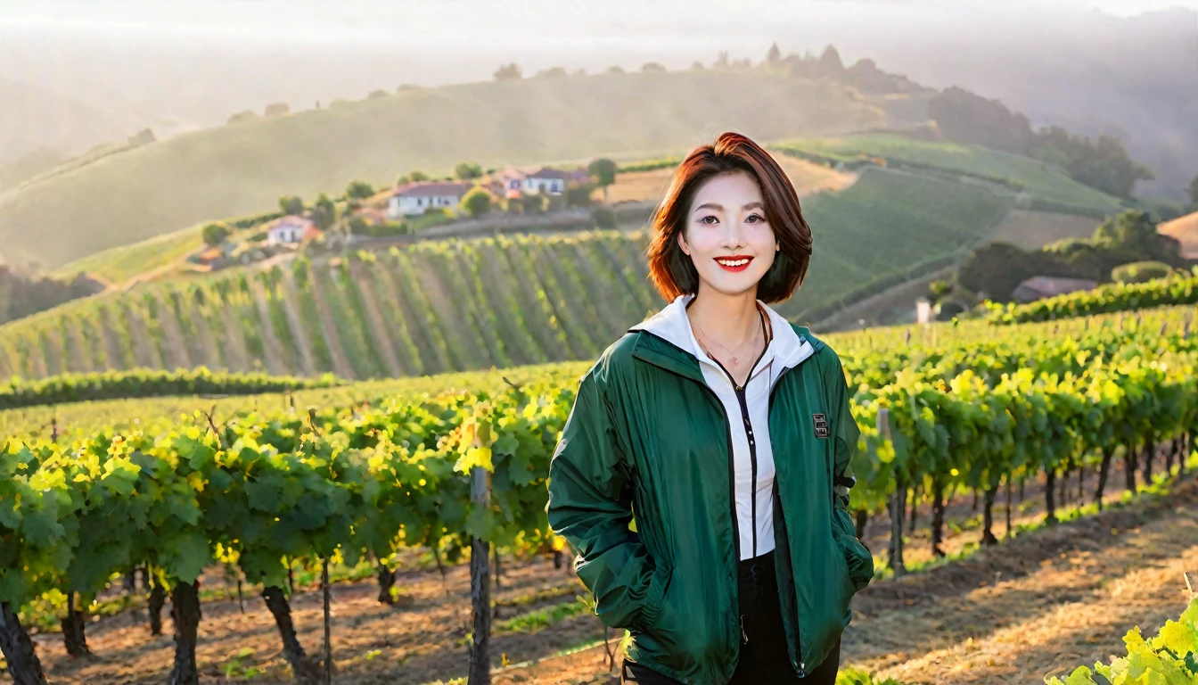 beautiful scenery, 8K Top Quality, Vivid picture quality, 1 woman, Beautiful 36-year-old Korean woman, Chest size 34 inches, Model-level beautiful woman, Napa Valley, California, USA, dawn vineyard, In the distance, a green plain can be seen in the thick fog.. Red sunshine, The background is realistic and vivid quality.., short medium bob hair, White t-shirt that goes up to the neck , High-end luxury brand windbreaker jacket, Black pants, Perfect and realistic photos, The background is realistic.. Full body shot with Canon camera 16-35 wide angle lens, Smiling, Looking down on the vineyards from the vineyard hill in thick fog, towards the front camera