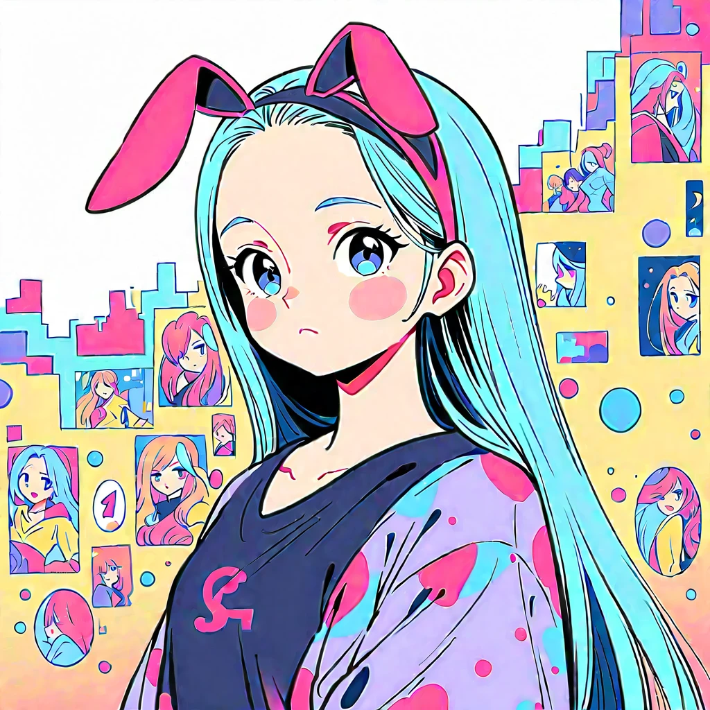 Simple line initials,Abstract art,Urban Background, Colorful Hearts ,(((The most beautiful girl of all time))), poster,Jim Mahfood,Ellen Jewett, hyper detailed, high contrast,masterpiece, white background、Simple line initials,Abstract art,Urban Background, Colorful Hearts ,(((The most beautiful girl of all time))), Cute Grim Reaper Character、Beautiful illustrations, Highest quality, Cute Grim Reaper、Bedroom, pastel colour, Fluffy bunny ears, , Silver long hair,