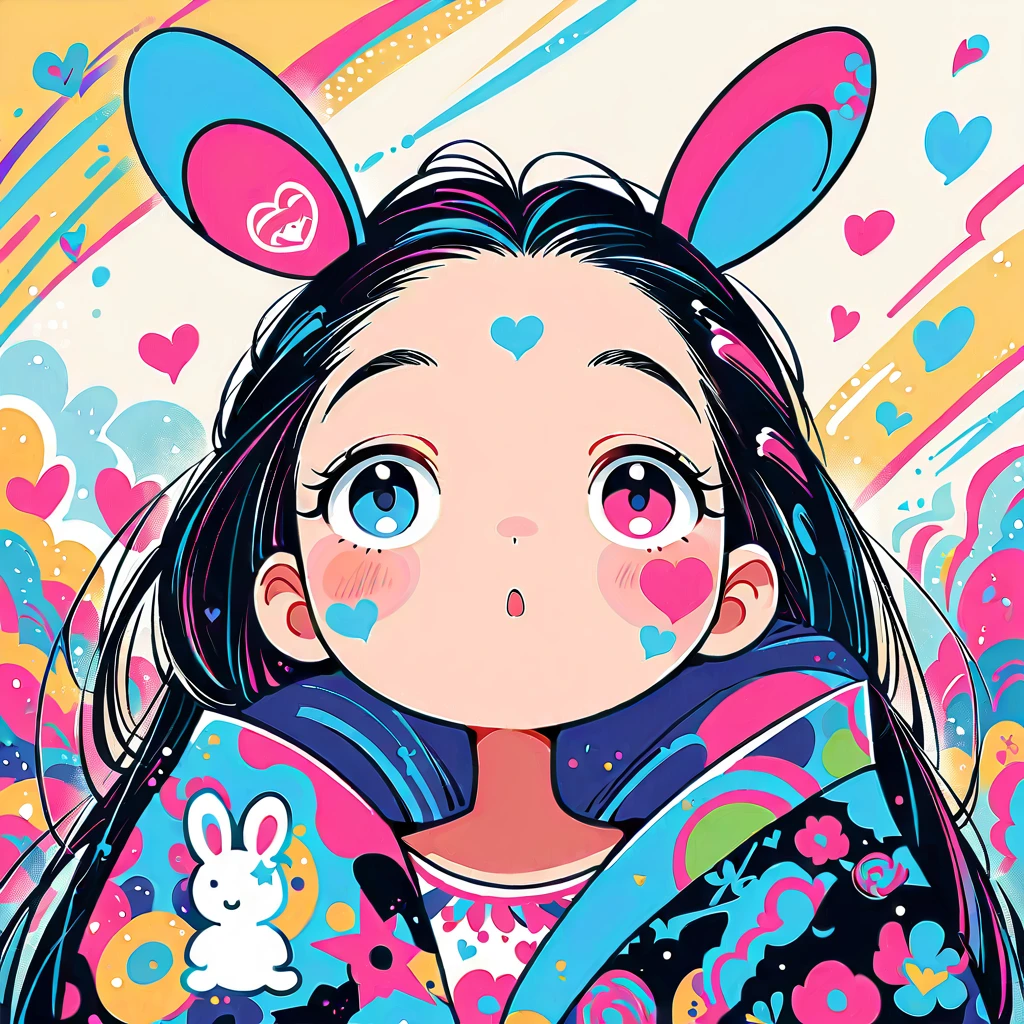 Simple line initials,Abstract art,Urban Background, Colorful Hearts ,(((The most beautiful girl of all time))), poster,Jim Mahfood,Ellen Jewett, hyper detailed, high contrast,masterpiece, white background、Simple line initials,Abstract art,Urban Background, Colorful Hearts ,(((The most beautiful girl of all time))), Cute Grim Reaper Character、Beautiful illustrations, Highest quality, Cute Grim Reaper、Bedroom, pastel colour, Fluffy bunny ears, , Silver long hair,