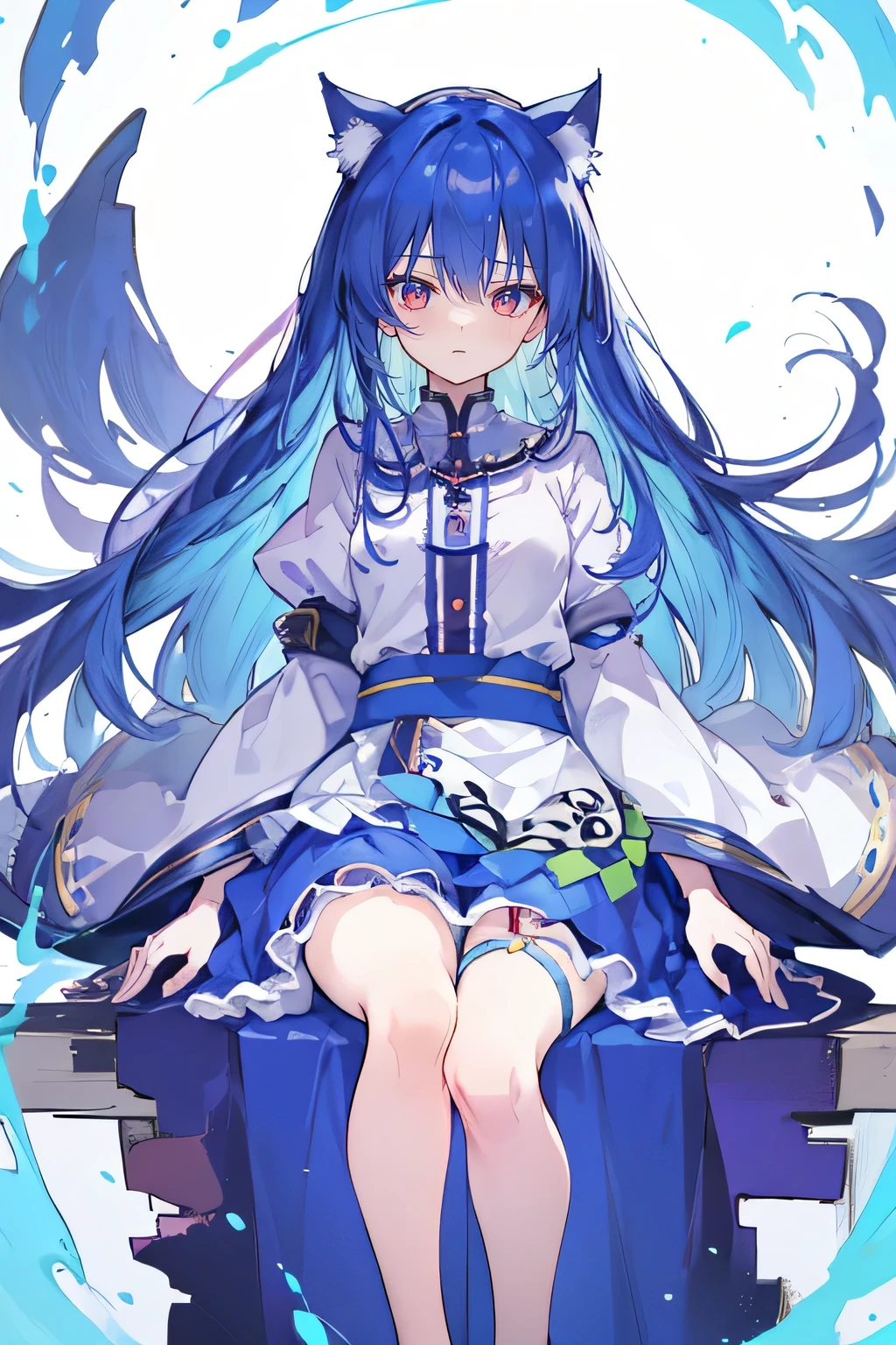 (masterpiece:1.2),Extremely detailed,Practical,expressive eyes,Fair skin,Perfect face shaping,1 Girl,
Japanese cartoons,Gorgeous blue hair, the long flowing blue hair,Floating clothes,Cat ears,Petals fall,beautiful lola,Angel,
Place your hands on your waist,sit elegantly on the ground,Cross your legs,Gentle and peaceful background,open sky。