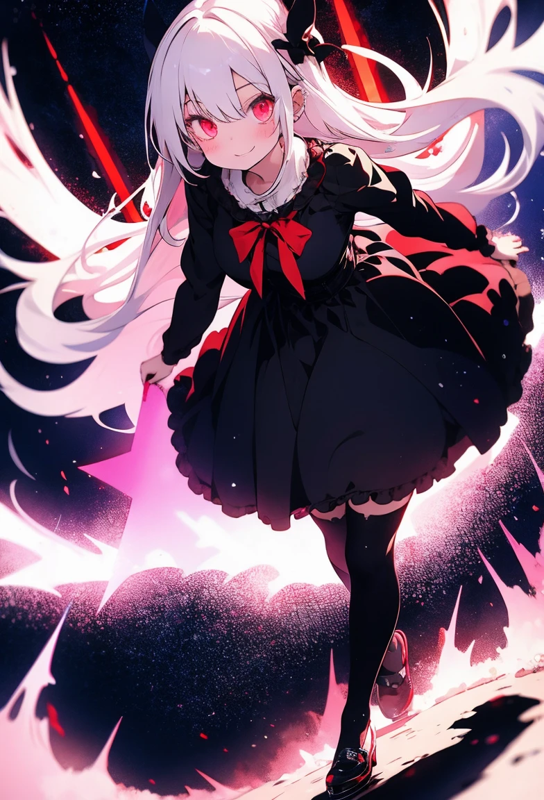 Cute, girly character, ta, big red eyes, shine lights, white hair, scary face, vampire, witch, black long dress, black heels, dark gothic castle, striped socks,