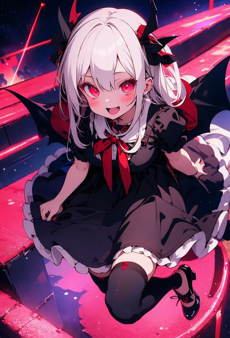 Cute, girly character, ta, big red eyes, shine lights, white hair, scary face, vampire, witch, black long dress, black heels, dark gothic castle, striped socks,